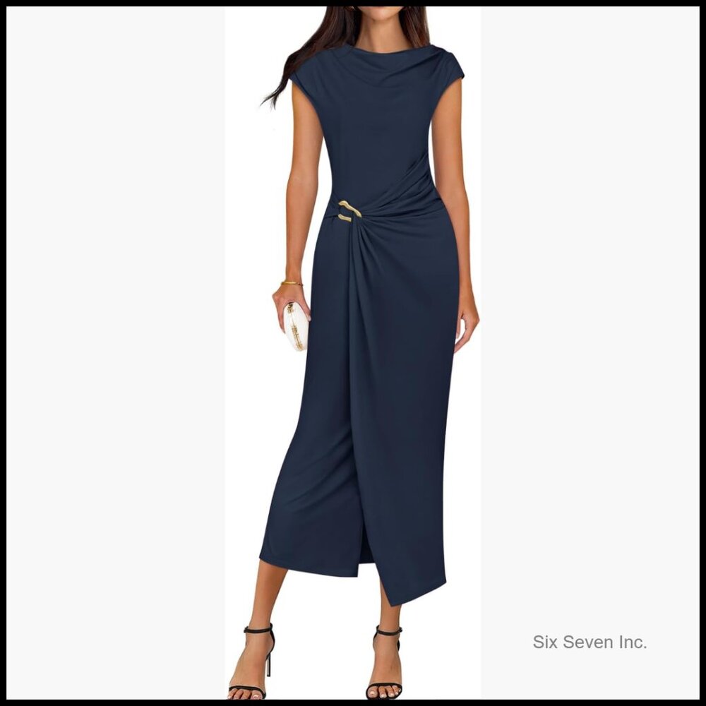 Polyester Elastane Mock Neck Bodycon Midi Dress C… - image 1